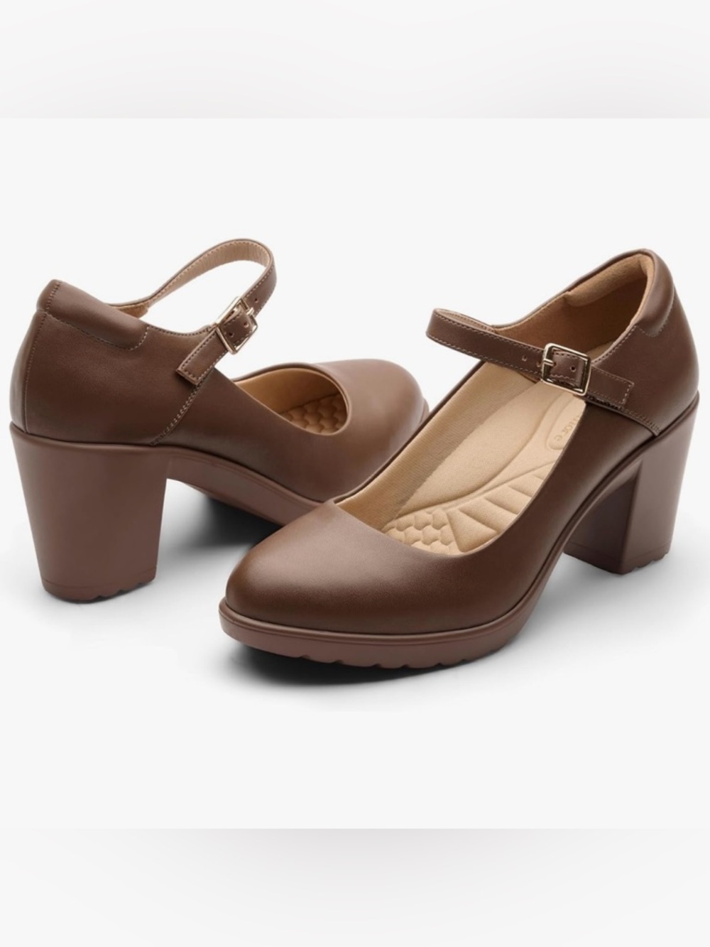 Mary Jane Heels Womens 8 Round Toe Pumps Chunky Comfort Work Shoes BROWN Worn 1x